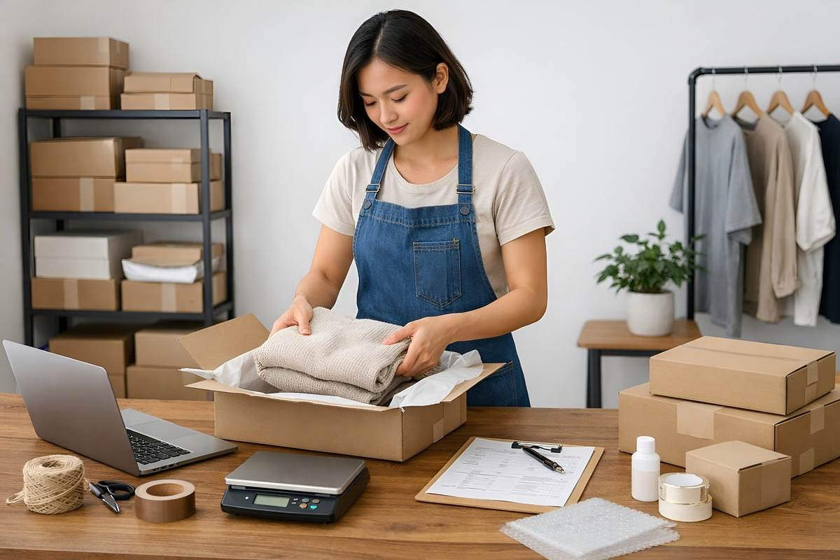 Femme préparant un colis dans un bureau Femme préparant un colis dans un bureau